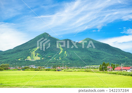 Inawashiro Town, Yama District, Fukushima Prefecture: Summer scenery of Mt. Bandai and rural landscape Inawashiro Town, Yama District, Fukushima Prefecture: Summer scenery of Mt. Bandai and rural landscape 142237284