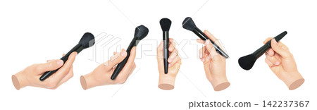 Set of Woman hand holds cosmetics brush, isolated on transparent background, cosmetics and visage concept. Contemporary art Set of Woman hand holds cosmetics brush, isolated on transparent background, cosmetics and visage concept. Contemporary art 142237367