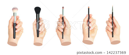 Set of Woman hand holds cosmetics brush, isolated on transparent background, cosmetics and visage concept. Contemporary art Set of Woman hand holds cosmetics brush, isolated on transparent background, cosmetics and visage concept. Contemporary art 142237369