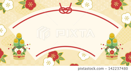 New Year's Japanese Pattern Background: Fan-shaped Frame with Kadomatsu (New Year's Pine Decoration) and Plum Blossom Illustrations - New Year's Card Design Materials 142237480