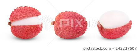 Lychees isolated set, collection. Pink juicy whole lychee, opened lychee and half of lychee isolated. Lychees isolated set, collection. Pink juicy whole lychee, opened lychee and half of lychee isolated. 142237607
