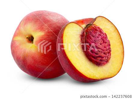 Juicy organic red peach and cut in half of peach isolated. Peaches isolate. Juicy organic red peach and cut in half of peach isolated. Peaches isolate. 142237608