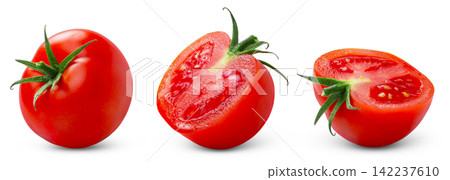 isolated red tomatoes. Juicy cut in half of tomato and whole tomato isolated on white. isolated red tomatoes. Juicy cut in half of tomato and whole tomato isolated on white. 142237610