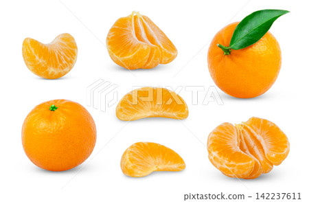Organic juicy mandarin, clementine or tangerine citrus fruit with green leaf and peeled mandarin with half of tangerine and piece of clementine isolated collection. 142237611