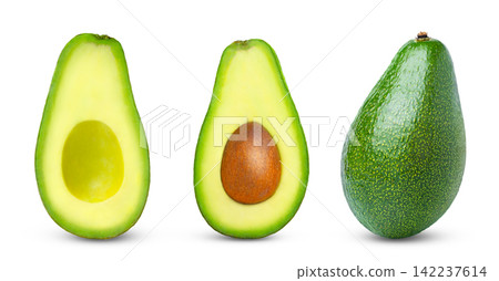 Isolated avocados and halves of avocado collection. One whole avocado fruit and half of avocado on white background with clipping path. Isolated avocados and halves of avocado collection. One whole avocado fruit and half of avocado on white background with clipping path. 142237614