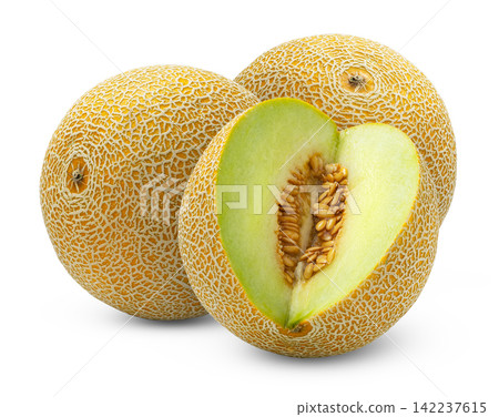 Three cantaloupe melons on white background. Whole cantaloupe melon and sliced melon isolated. Three cantaloupe melons on white background. Whole cantaloupe melon and sliced melon isolated. 142237615