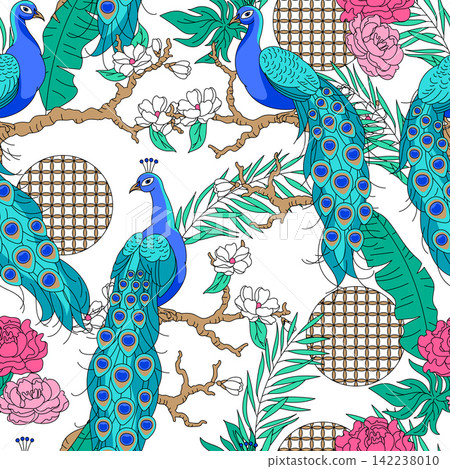 Pattern with peacocks garden. Tropical exotic birds. Wild fauna of jungle. Pattern with peacocks garden. Tropical exotic birds. Wild fauna of jungle. 142238010