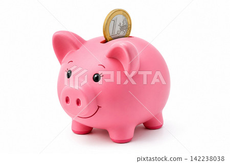 Pink Piggy Bank with Euro Coin Isolated on White Background Pink Piggy Bank with Euro Coin Isolated on White Background 142238038