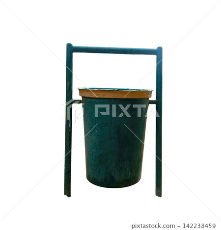 Green plastic garbage bin with metal frame isolated on a pure white background for waste management and recycling concepts Green plastic garbage bin with metal frame isolated on a pure white background for waste management and recycling concepts 142238459