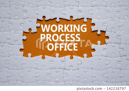 Working Process Office symbol. White puzzle with words Working Process Office. Beautiful orange background. Business concept. Copy space. Working Process Office symbol. White puzzle with words Working Process Office. Beautiful orange background. Business concept. Copy space. 142238797