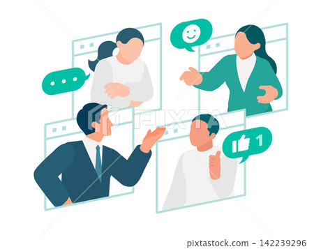 A business illustration depicting a remote meeting where participants use the "like" button and emojis to react and smoothly exchange opinions through the screen. A business illustration depicting a remote meeting where participants use the "like" button and emojis to react and smoothly exchange opinions through the screen. 142239296