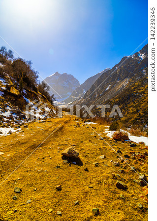 Winding Dirt Road Through Mountain Valley in Kyrgyzstan Winding Dirt Road Through Mountain Valley in Kyrgyzstan 142239346