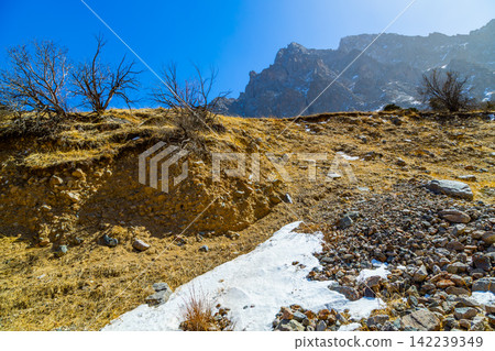 Rugged Mountain Landscape with Dry Grass and Snow Patches Rugged Mountain Landscape with Dry Grass and Snow Patches 142239349