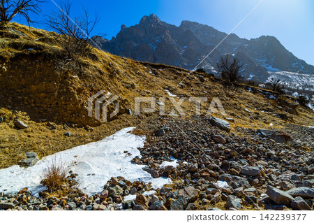 Rugged Mountain Landscape with Snow and Rocky Terrain Rugged Mountain Landscape with Snow and Rocky Terrain 142239377