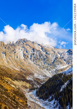 Majestic Mountain Landscape in Kyrgyzstan with Snow-Dusted Peaks Majestic Mountain Landscape in Kyrgyzstan with Snow-Dusted Peaks 142239464