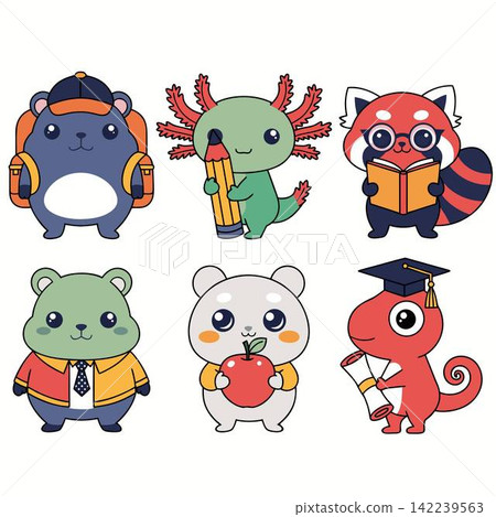 This illustration depicts cartoon animals associated with school and graduation events 142239563
