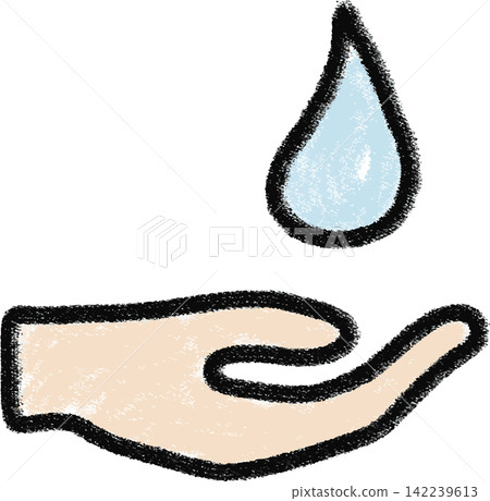 Water droplet on palm, water resource icon, hand-drawn paint, color. Water droplet on palm, water resource icon, hand-drawn paint, color. 142239613