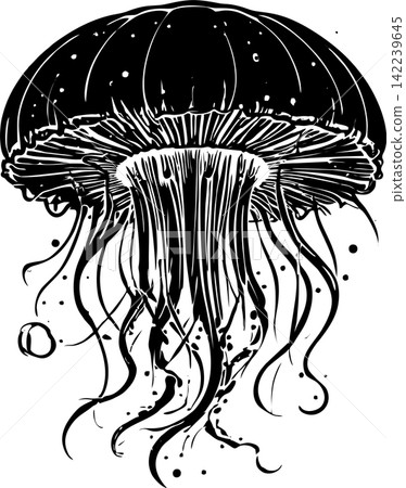 black graphic drawing of a large jellyfish on a white background, isolated element, decor 142239645