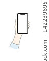 A simple color illustration of a woman's hand holding a smartphone. 142239695