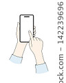 A simple, color illustration of a woman's hand tapping on a smartphone screen. 142239696