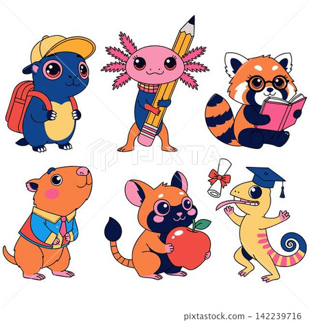 This illustration shows a set of cute stickers featuring cartoon animals in a kawaii anime style This illustration shows a set of cute stickers featuring cartoon animals in a kawaii anime style 142239716