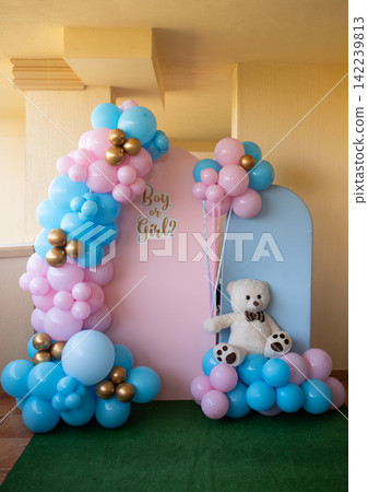 Boy or girl gender reveal party decoration with pink and blue balloons Boy or girl gender reveal party decoration with pink and blue balloons 142239813