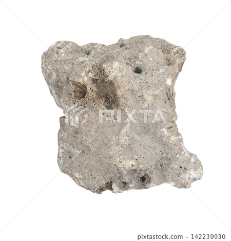 Isolated rough light grey porous rock stone on white background ideal for geological studies and natural textured backgrounds Isolated rough light grey porous rock stone on white background ideal for geological studies and natural textured backgrounds 142239930