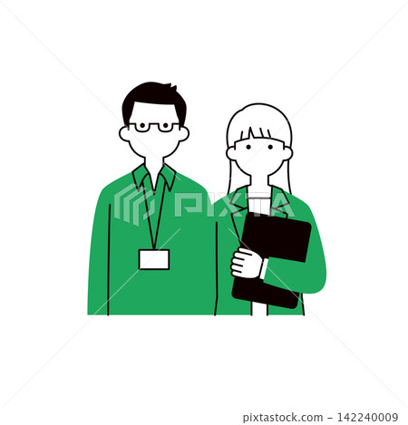 A set of simple upper body vector illustrations of a man in a dress shirt and a woman holding a laptop. A set of simple upper body vector illustrations of a man in a dress shirt and a woman holding a laptop. 142240009