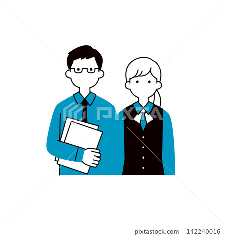 A set of simple upper body vector illustrations of a young male employee holding documents and a female employee in uniform (line art). A set of simple upper body vector illustrations of a young male employee holding documents and a female employee in uniform (line art). 142240016