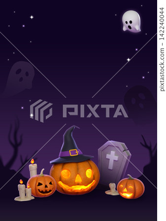 3D Halloween Background with Jack O Lantern Pumpkin and Copy Space for Text 3D Halloween Background with Jack O Lantern Pumpkin and Copy Space for Text 142240044