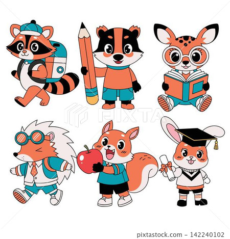 This image features a collection of cute cartoon student animals, designed for educational or decorative purposes This image features a collection of cute cartoon student animals, designed for educational or decorative purposes 142240102
