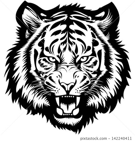 This image features a high-contrast black-and-white graphic illustration of the head of an aggressive, snarling tiger This image features a high-contrast black-and-white graphic illustration of the head of an aggressive, snarling tiger 142240411
