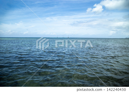 Beautiful tropical blue ocean water surface under scenic cloudy sky, background Beautiful tropical blue ocean water surface under scenic cloudy sky, background 142240430