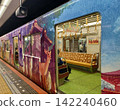 The "Narashika Train," aラッピング train that stops at the underground platform, has brown seats and a light green floor. 142240460