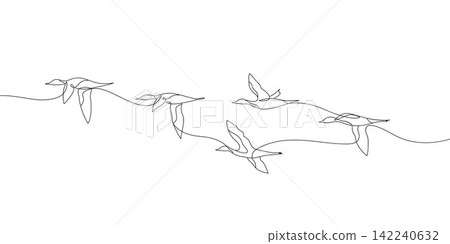 Continuous line drawing of birds flying to sky. A flock of ducks is flying. Minimalist black linear sketch isolated on white background. Hand drawn vector illustration. Continuous line drawing of birds flying to sky. A flock of ducks is flying. Minimalist black linear sketch isolated on white background. Hand drawn vector illustration. 142240632