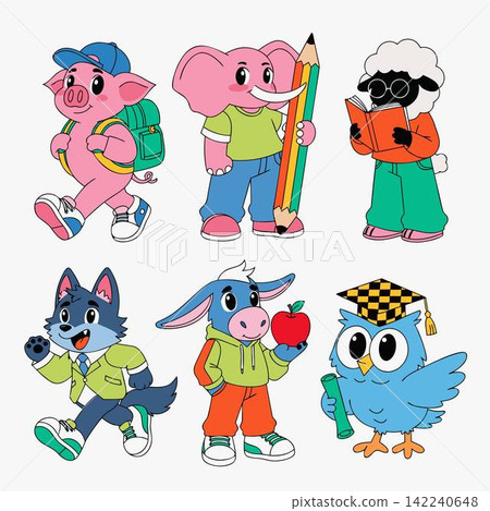 This image features a selection of cute cartoon animals designed for school materials, such as posters or educational illustrations This image features a selection of cute cartoon animals designed for school materials, such as posters or educational illustrations 142240648