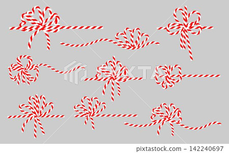 Set of cotton red white twine ribbon bows. Bowknot for package or letter. Elegant minimal style gift wrap for New year, Christmas Set of cotton red white twine ribbon bows. Bowknot for package or letter. Elegant minimal style gift wrap for New year, Christmas 142240697