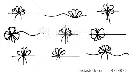 Set of simple black bows. Elegant gift ribbon on string for package or letter. Minimal line stroke style Set of simple black bows. Elegant gift ribbon on string for package or letter. Minimal line stroke style 142240703