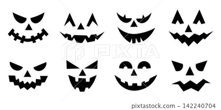 Set of spooky pumpkin smiles. Horror and scary faces. Design for holiday Halloween 142240704