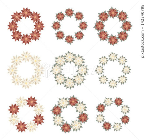Christmas wreaths with white and red poinsettia. Design for New Year and Christmas cards, scrapbooking, stickers, planner, invitations Christmas wreaths with white and red poinsettia. Design for New Year and Christmas cards, scrapbooking, stickers, planner, invitations 142240798