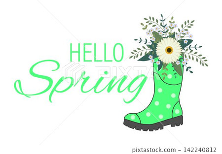Cute bouquet in green rubber boots. Gardening boot with flowers. Spring Concept Cute bouquet in green rubber boots. Gardening boot with flowers. Spring Concept 142240812