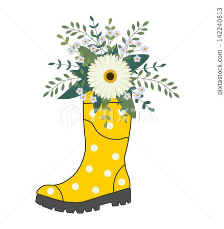 Cute bouquet in yellow rubber boots. Gardening boot with flowers. Spring Concept Cute bouquet in yellow rubber boots. Gardening boot with flowers. Spring Concept 142240813