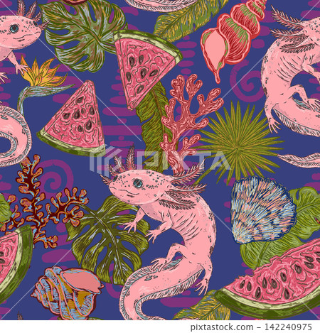 seamless pattern with exotic fish, exotic fruits seamless pattern with exotic fish, exotic fruits 142240975
