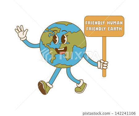 Earth Day. Cartoon cute earth planet character in retro style. Environmental eco concept Earth Day. Cartoon cute earth planet character in retro style. Environmental eco concept 142241106