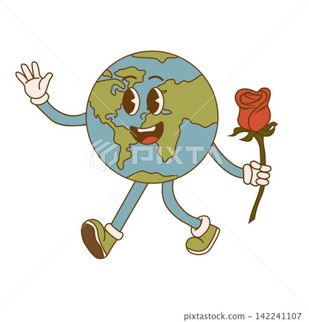 Earth Day. Cartoon cute earth planet character in retro style. Environmental eco concept Earth Day. Cartoon cute earth planet character in retro style. Environmental eco concept 142241107
