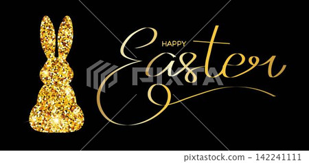 Elegant greeting card design. Happy Easter banner with gold glittering rabbit silhouette on dark background. Cute bunny for branding, label, kids invitation, poster, greeting cards Elegant greeting card design. Happy Easter banner with gold glittering rabbit silhouette on dark background. Cute bunny for branding, label, kids invitation, poster, greeting cards 142241111