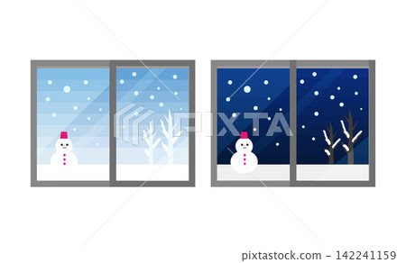 Illustration of a snowman and a winter window scene Illustration of a snowman and a winter window scene 142241159
