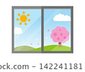 Illustration of cherry blossoms and a window view 142241181