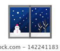 Illustration of a snowman and a winter window scene 142241183