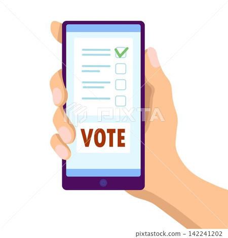 Male  hand holding smartphone  with vote button. Voting paper on phone screen. Political election campaign. Voting online concept 142241202